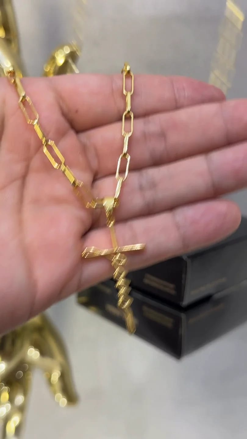 Corrente Tijolinho 3,5mm + Crucifixo Jesus Escrito a Mão